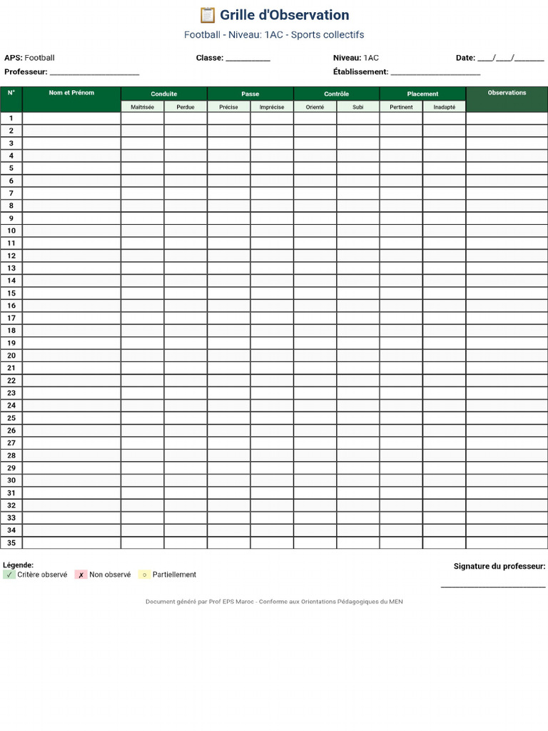 Grille Observation Football 1AC | PDF