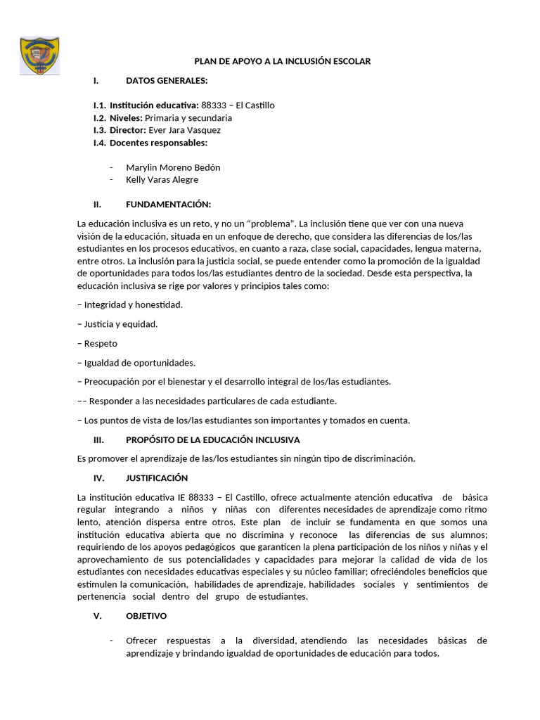 Plan de Apoyo A La Inclusion Escolar | PDF | Inclusión (Educación ...
