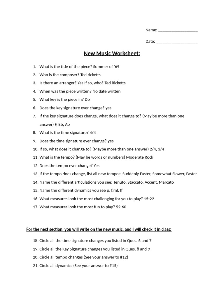 New Music Worksheet | PDF
