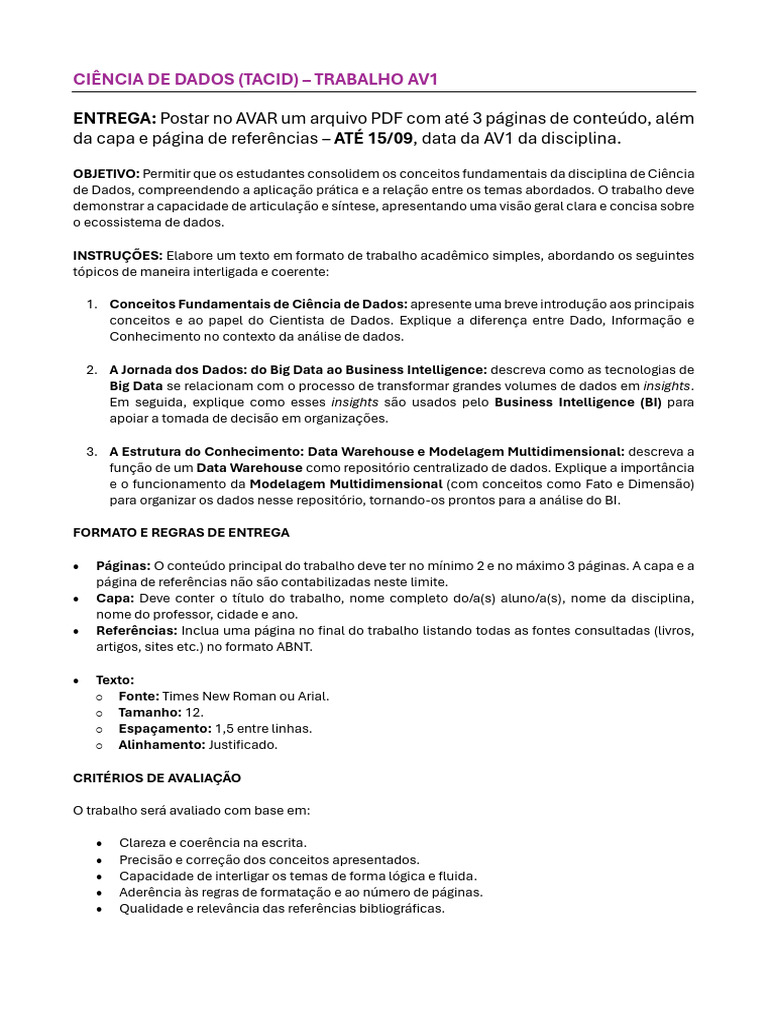 Tacid - Trabalho Av1 - Orientações | PDF
