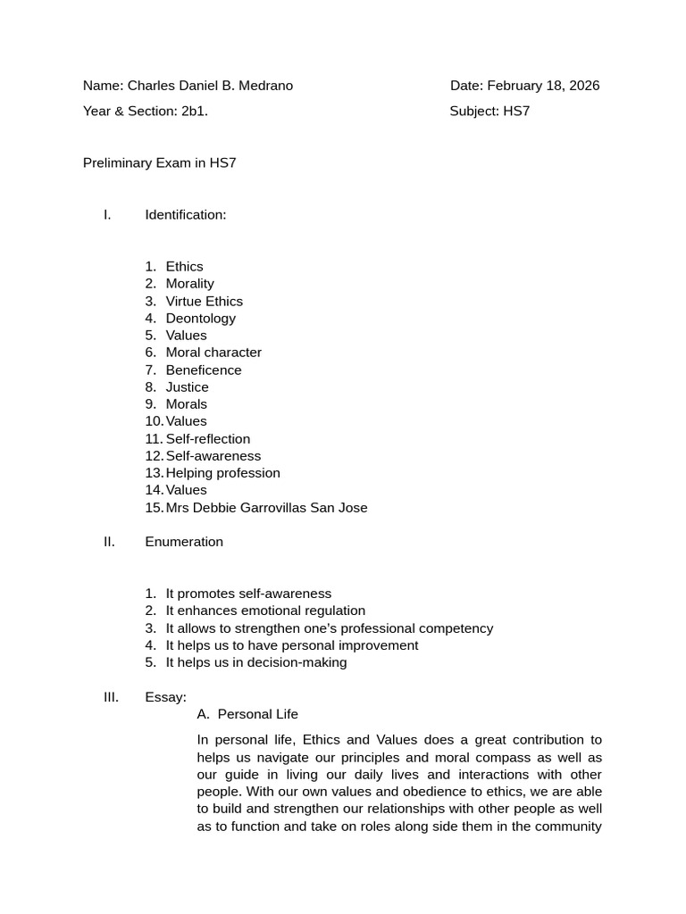 Medrano, Charles Daniel B. HS7 Preliminary Exam | PDF | Morality ...