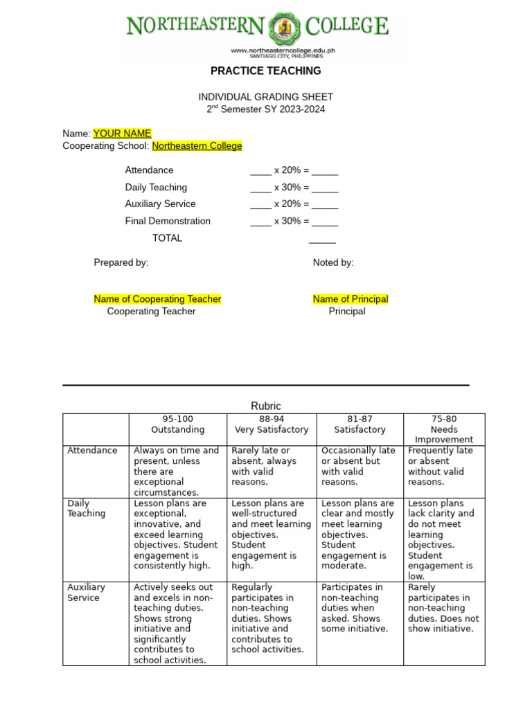 PT Individual Grading Sheet | PDF