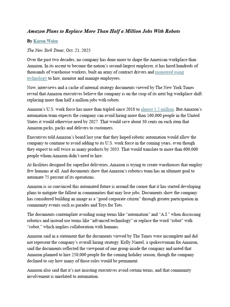 Amazon Plans To Replace More Than Half A Million Jobs With Robots | PDF ...