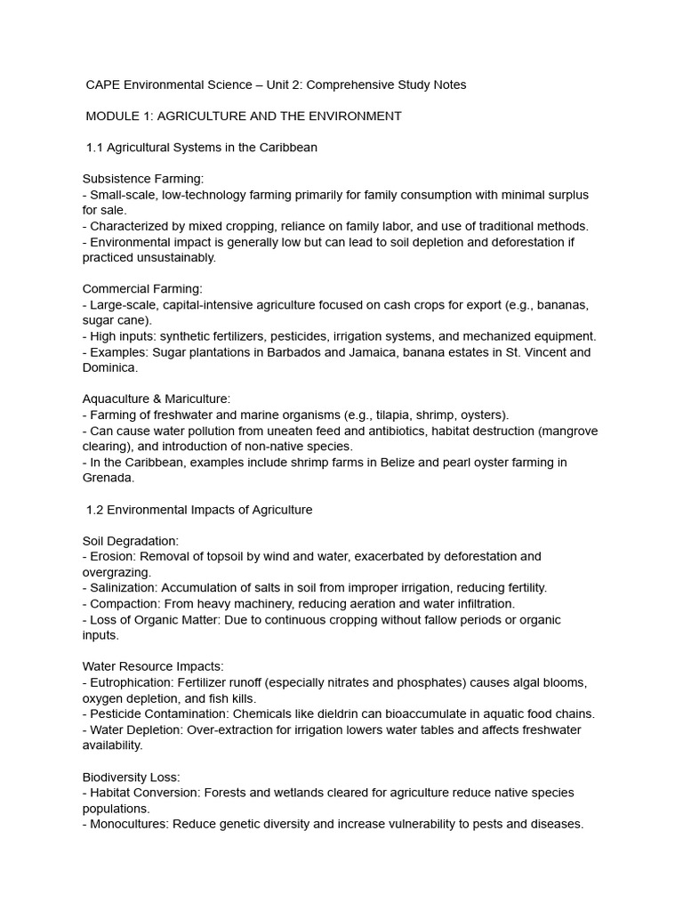 CAPE Environmental Science - Unit 2 - Comprehensive Study Notes | PDF