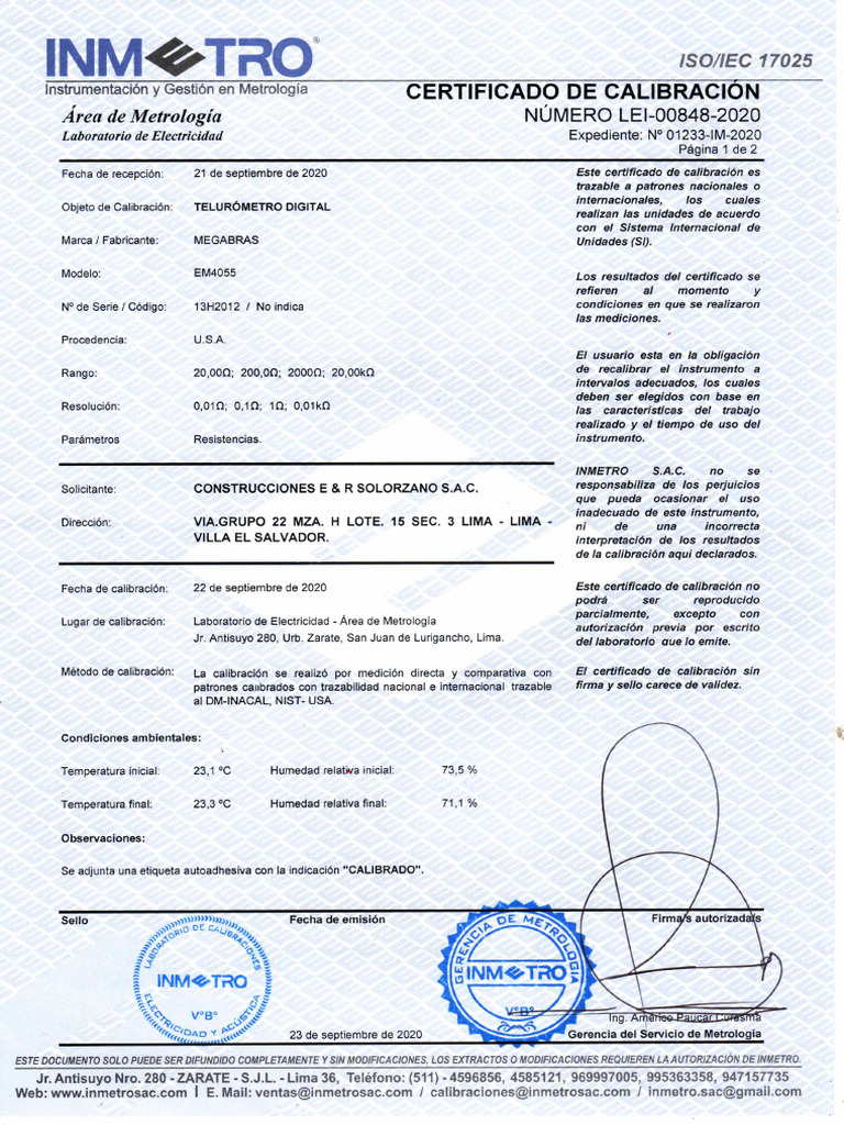 Certificado Calibracion Telurometro 210920 | PDF