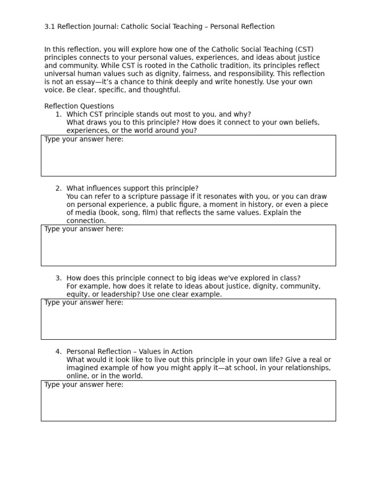 3.1 Catholic Social Teaching Personal Reflection | PDF