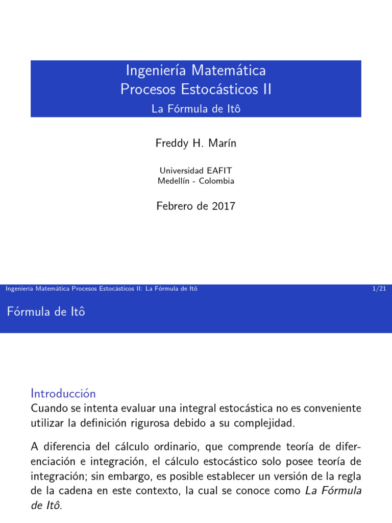 Ingenier Ia Matem Atica Procesos Estoc Asticos II: La F Ormula de It o ...