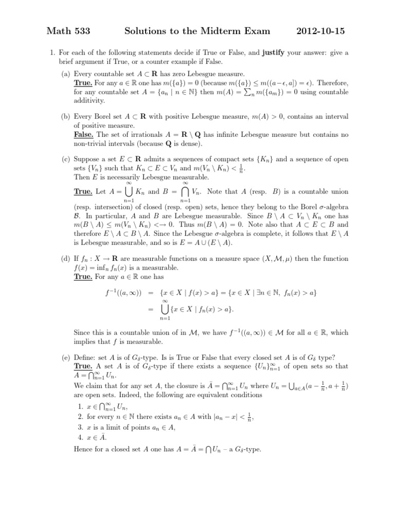 UIC Math 533 Exam 1 Real Analysis | PDF