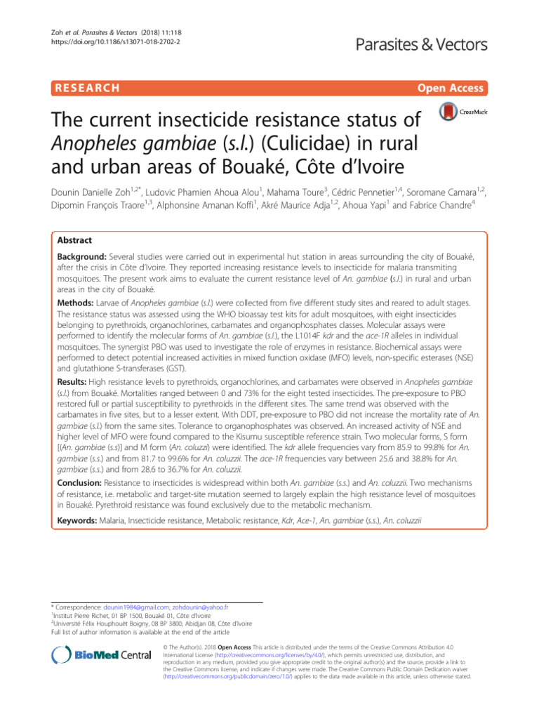 The Current Insecticide Resistance Status of (Culicidae) in Rural and ...