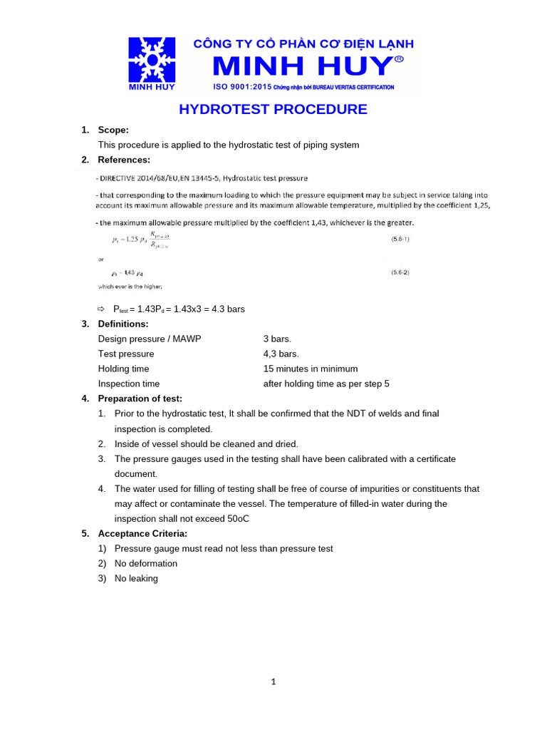 Hydrotest Procedure | PDF | Mechanical Engineering | Gases