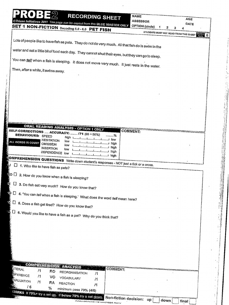PROBE Assessment Sheets | PDF