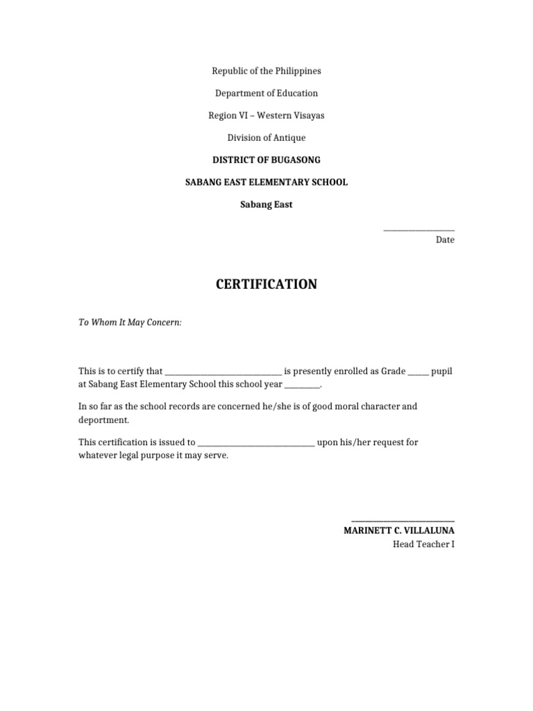 Certification Template Sabang East | PDF