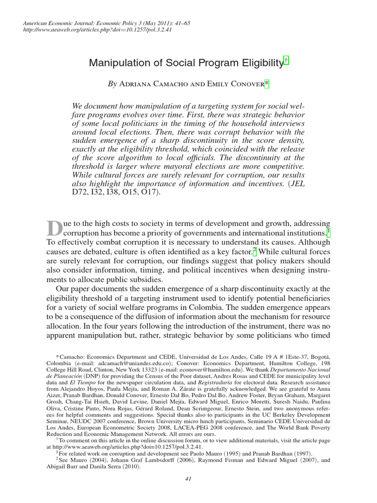 Manipulation of Social Program Eligibility | PDF | Census | Poverty