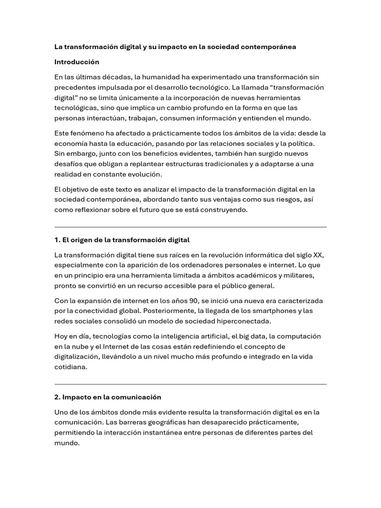 La Transformación Digital y Su Impacto en La Sociedad Contemporánea | PDF