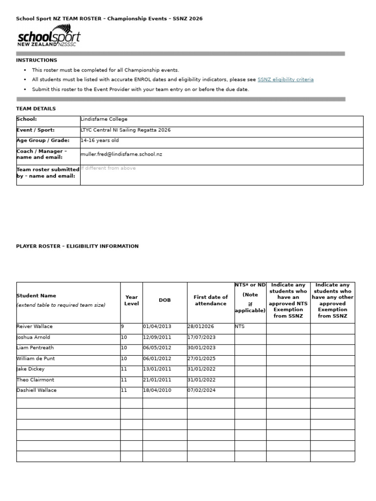SSNZ 2026 Championship Team Roster - Master | PDF
