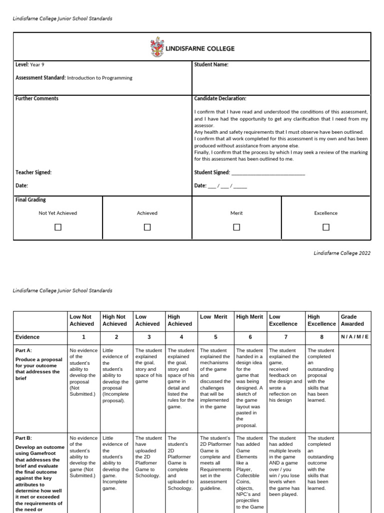 Assessment Marking Grid Introduction To Programming | PDF