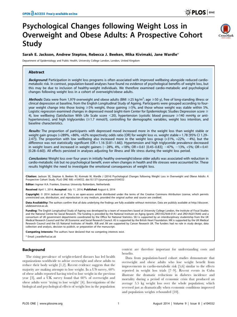 Psychological Changes Following Weight Loss in Overweight and Obese ...
