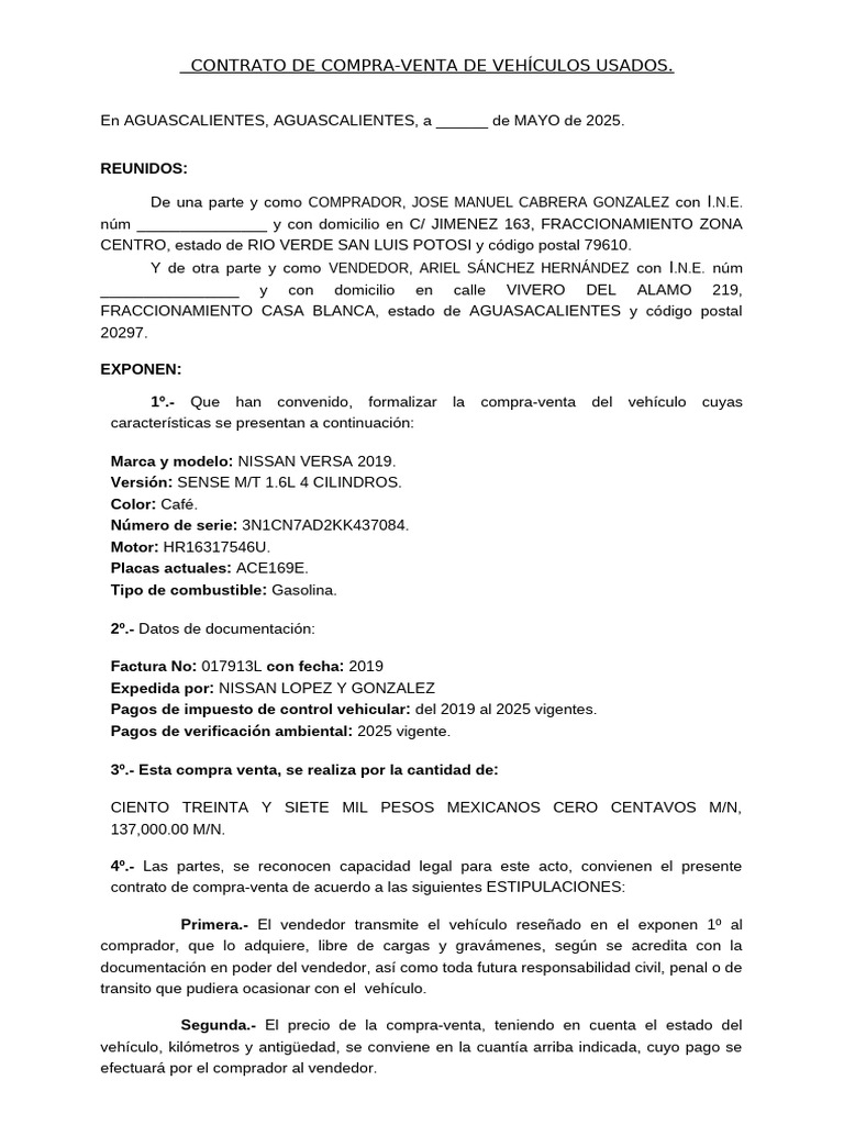 Contrato de Compra Venta de Vehiculo | PDF