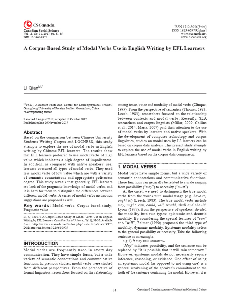 A Corpus-Based Study of Modal Verbs Use in English Writing by EFL ...