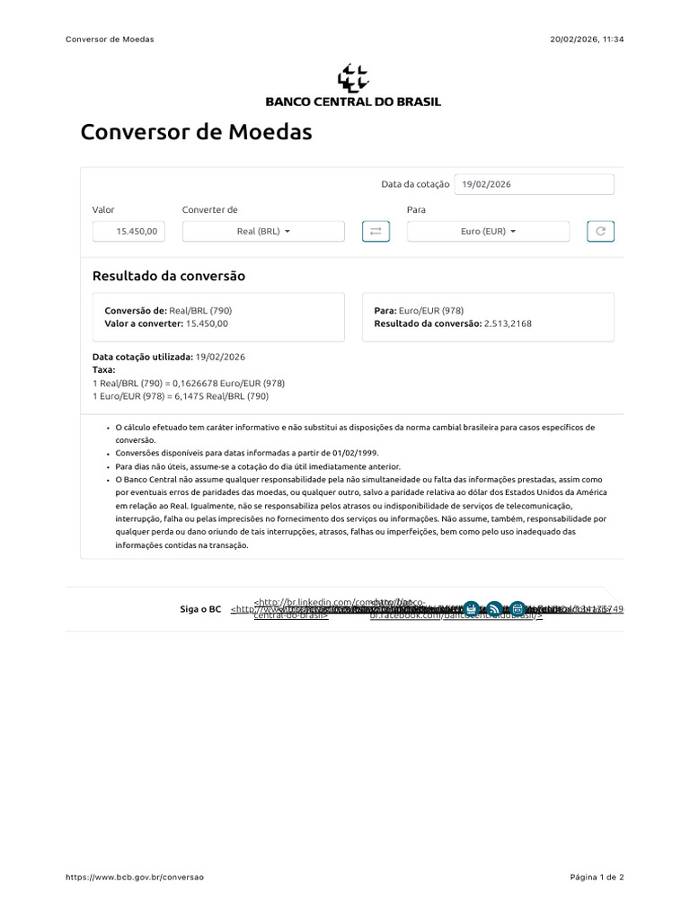 Conversor de Moedas - BCB - 19 - 02 - 2026 | PDF | Euro | Taxa de câmbio