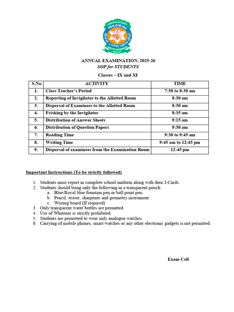 SOP For Students of Classes IX and XI For Annual Examination, 2025-26 | PDF