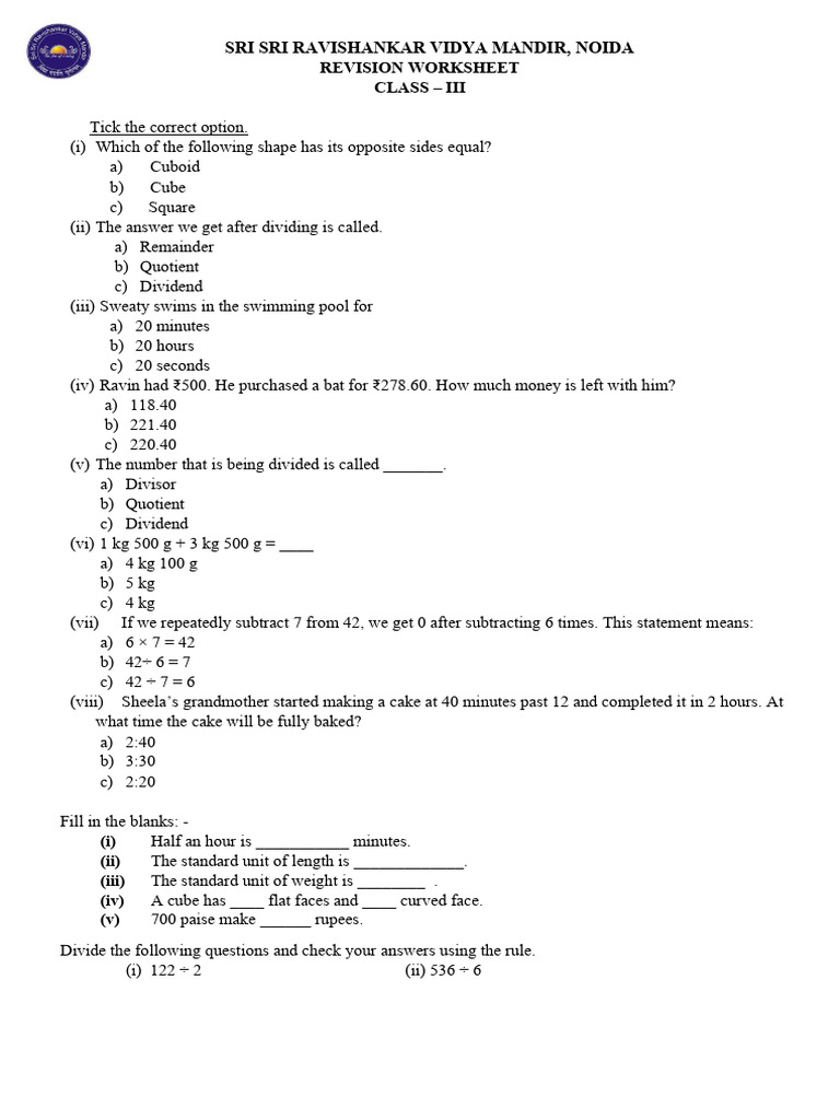 Revision Worksheet of Class 3 (Final) | PDF