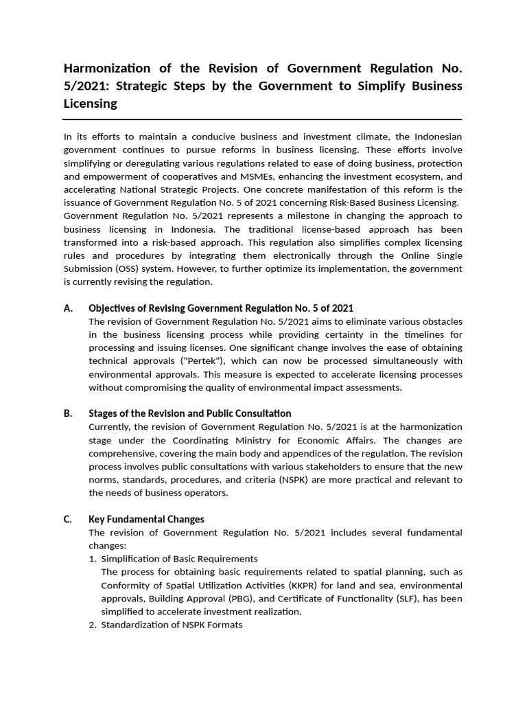 Harmonization of The Revision of Government Regulation 5 - 2021 | PDF ...