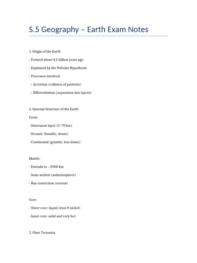 S5 Geography Earth Exam Notes | PDF