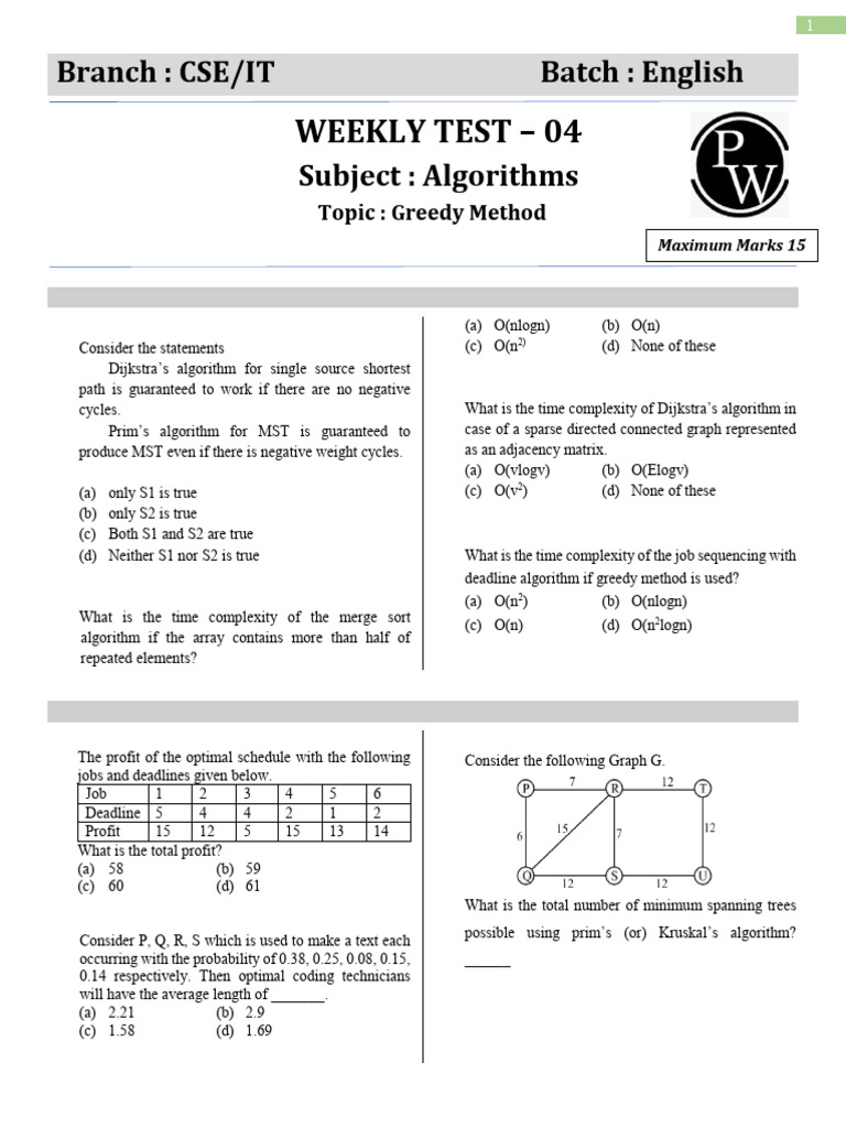 Algorithms - Weekly Test 04 - Test Paper | PDF | Time Complexity ...