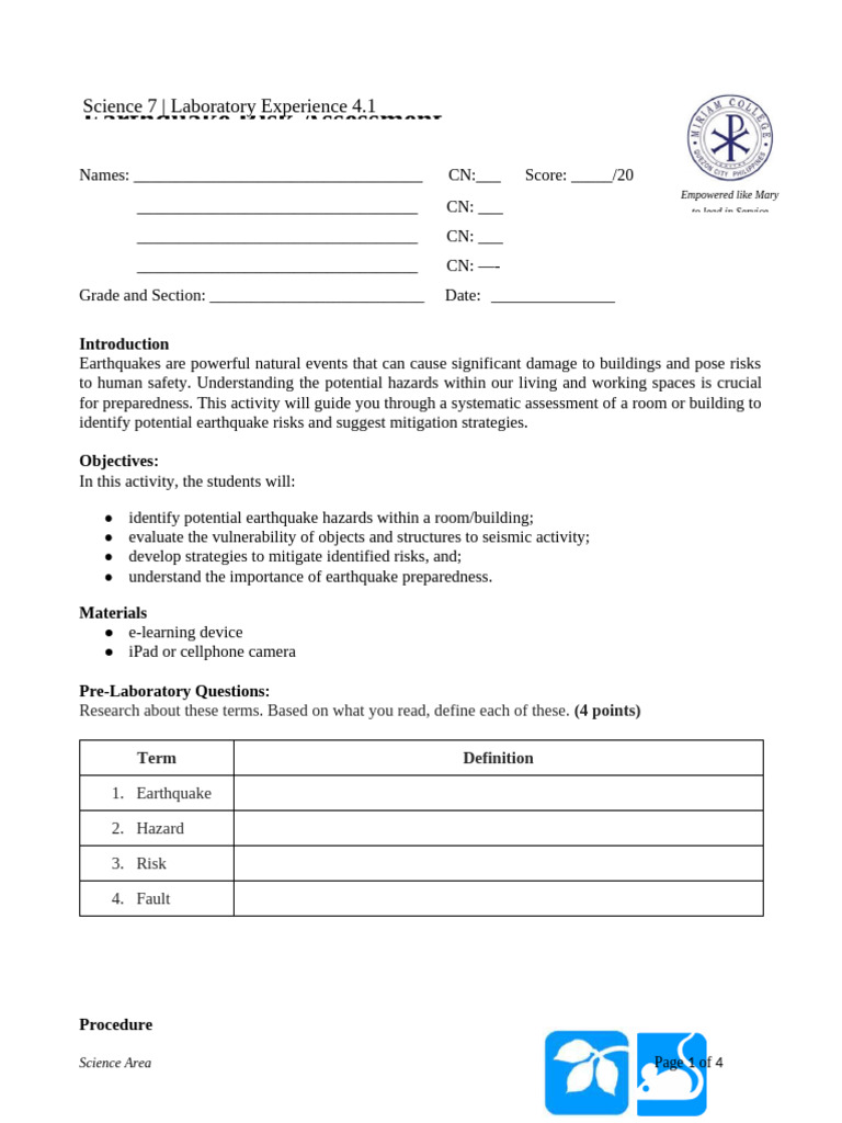 Day 4 - Lab 4.1 Earthquake Risk Assessment | PDF | Earthquakes | Hazards