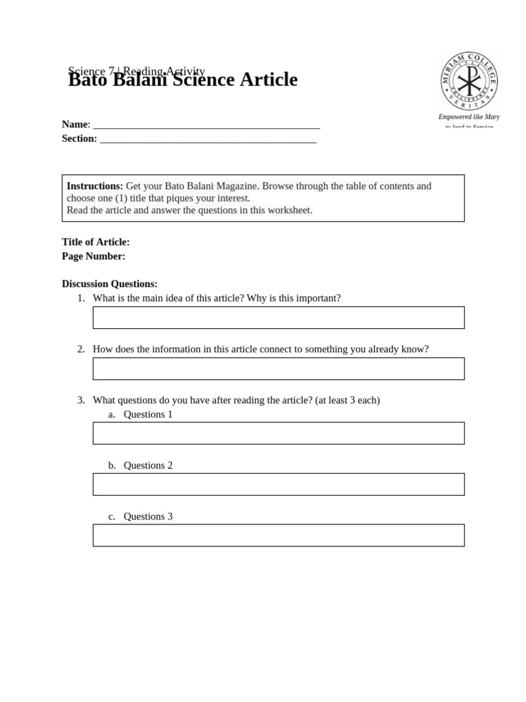 Bato Balani Reading Worksheet | PDF