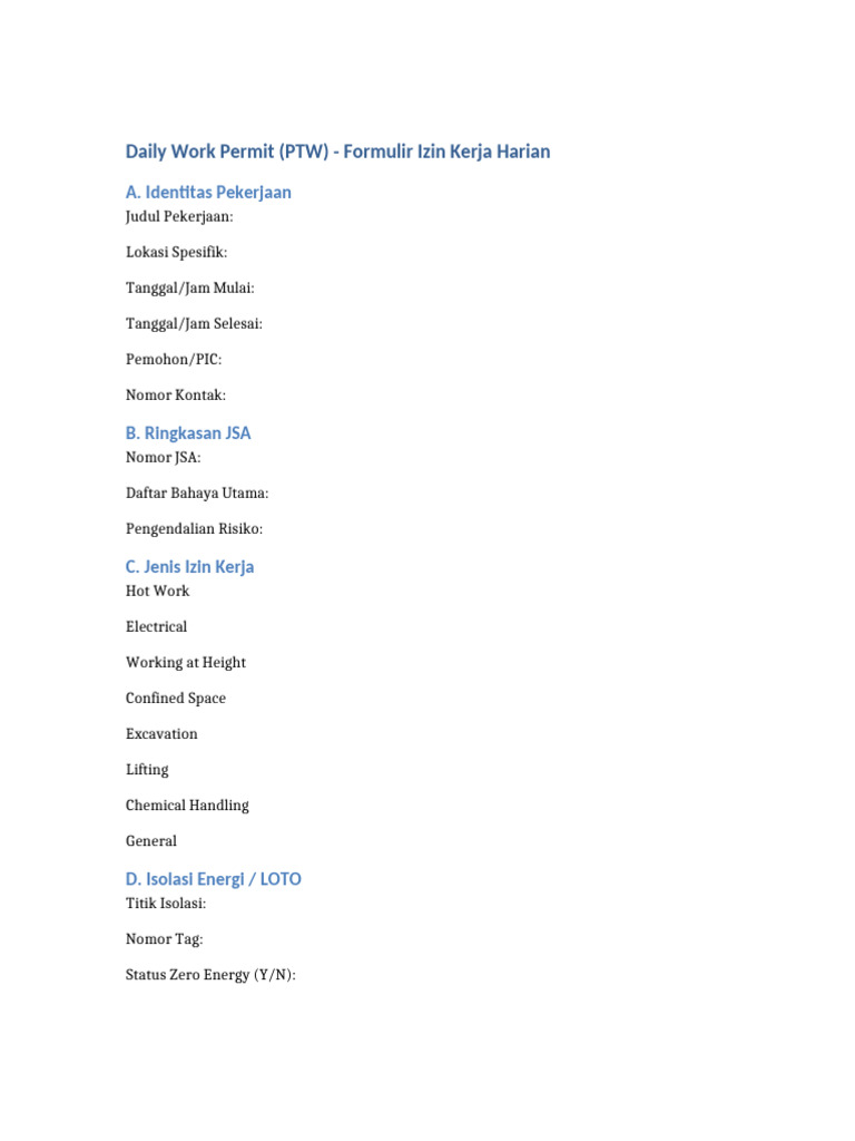 Daily Work Permit Form | PDF