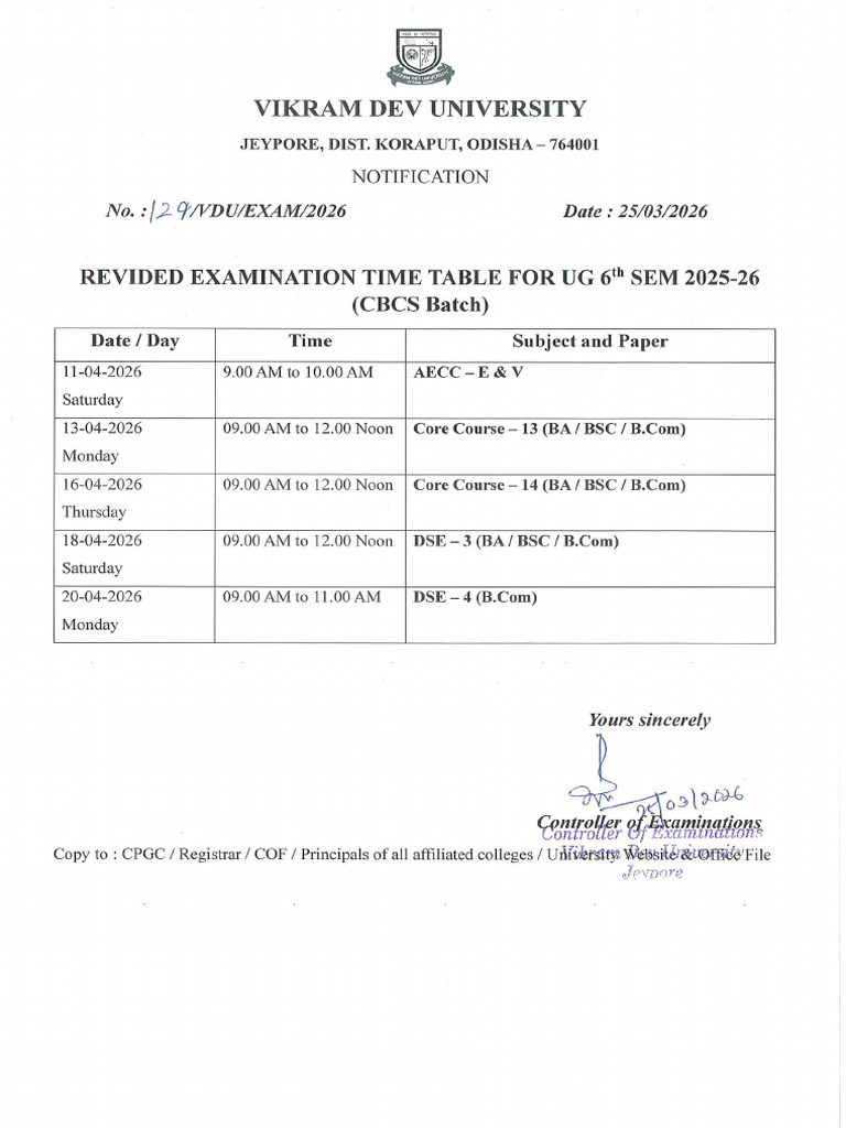 UG 6th Sem Regular Time Table 2025-26 | PDF