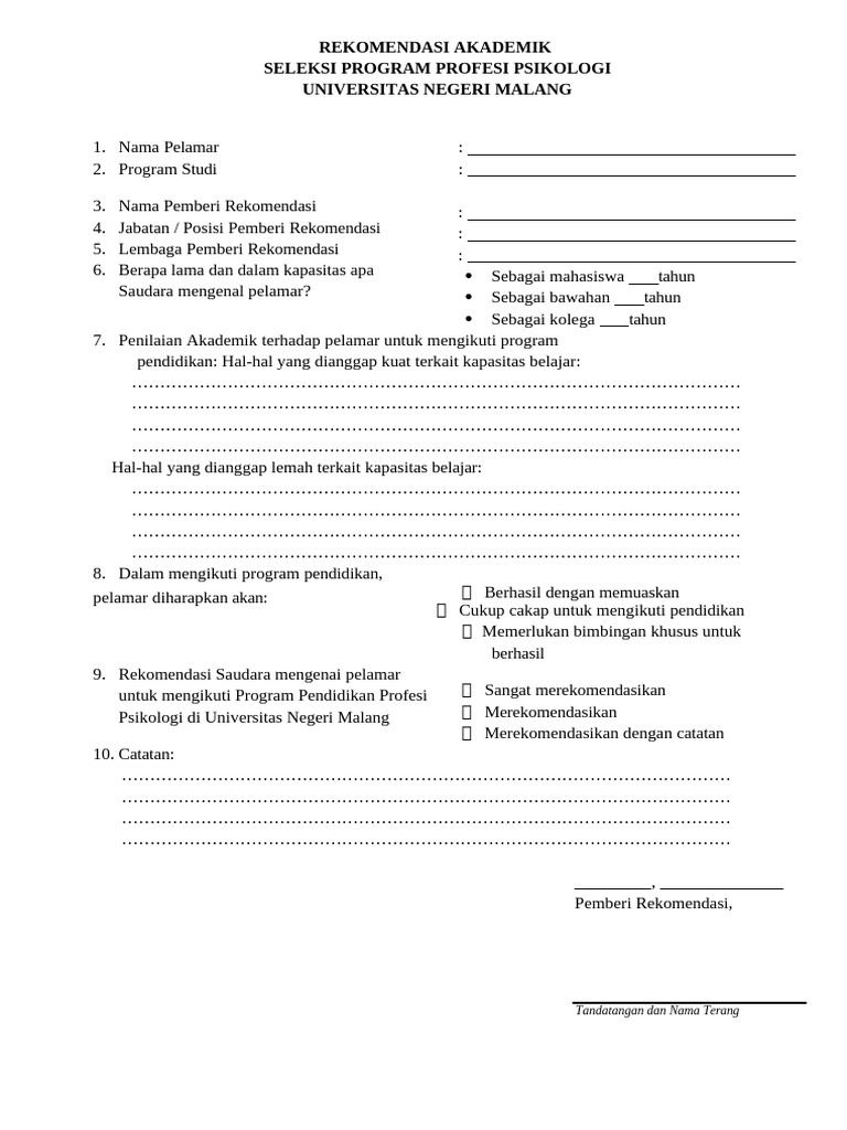 Format Rekomendasi Akademik | PDF