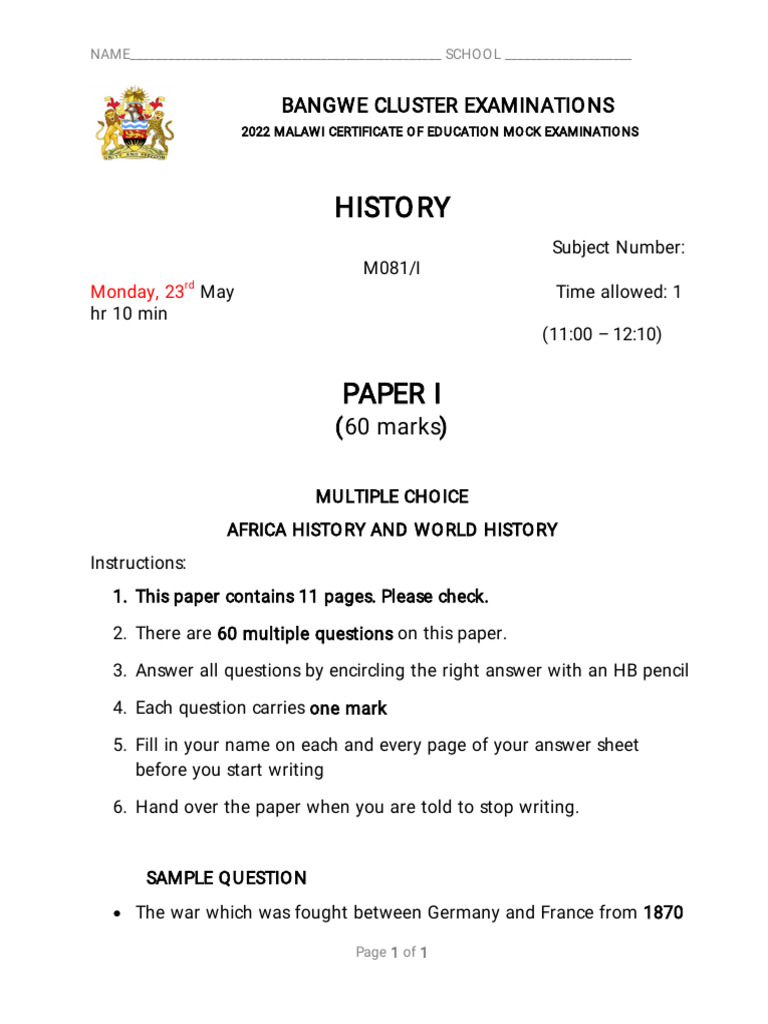 2022 Bangwe Cluster History Paper 1 | PDF