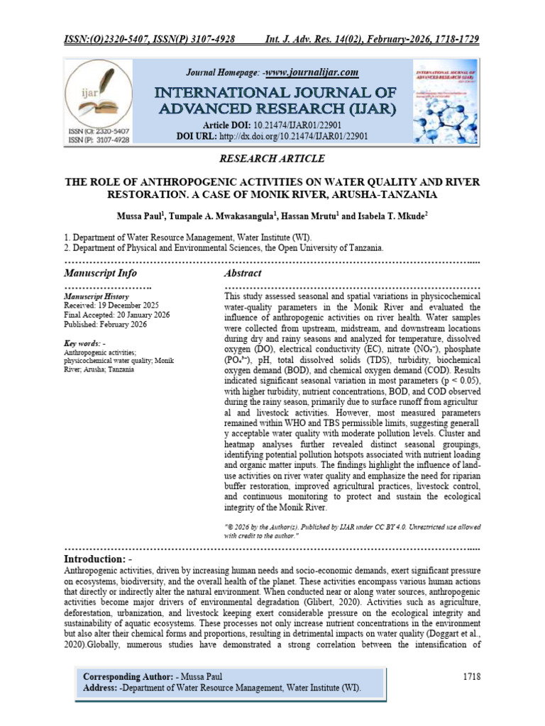 The Role of Anthropogenic Activities On Water Quality and River ...