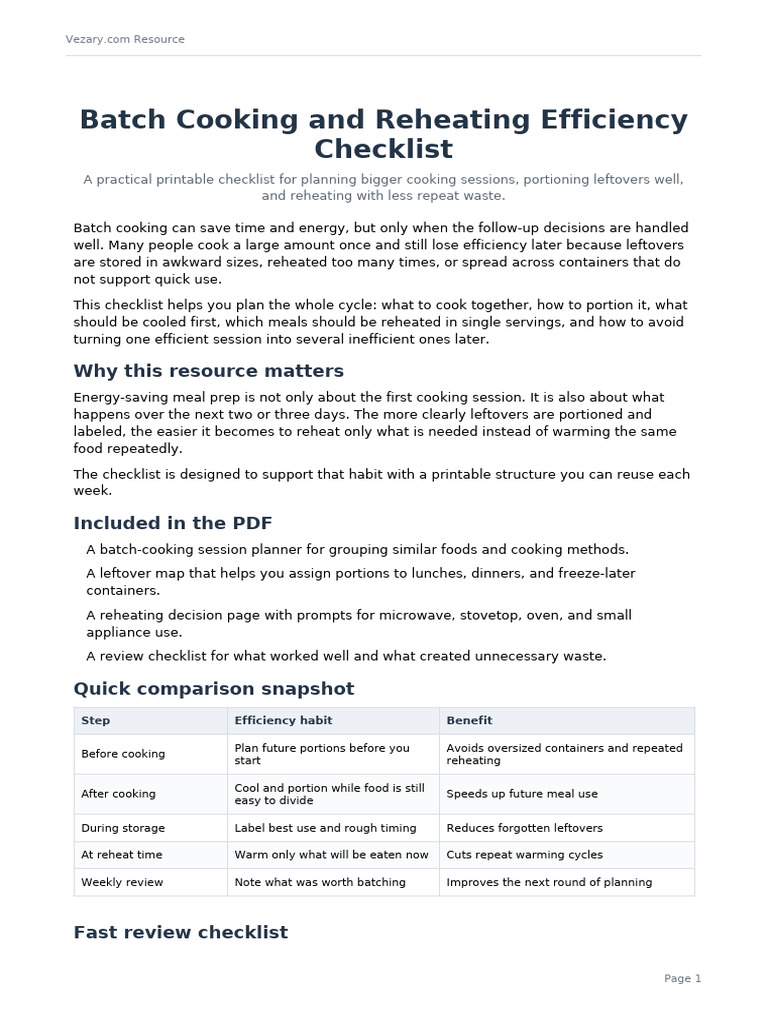 Batch Cooking Reheating Efficiency Checklist | PDF