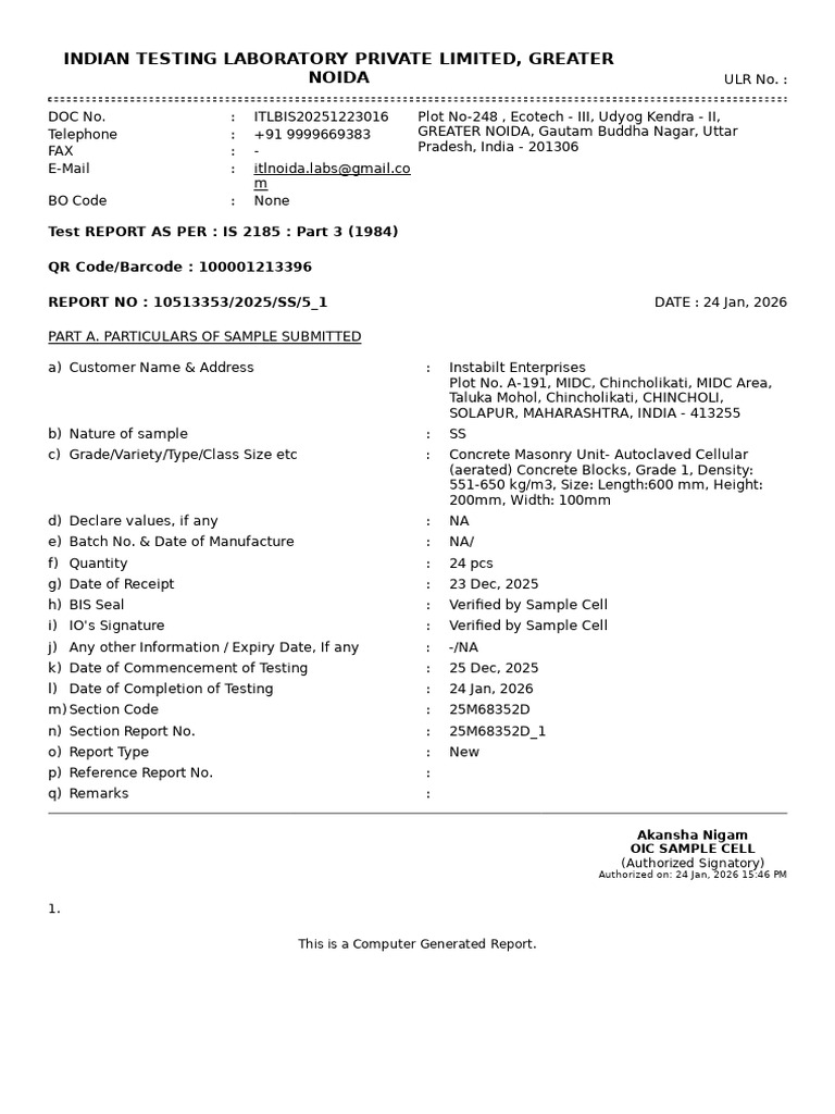 Test Report AAC Block | PDF