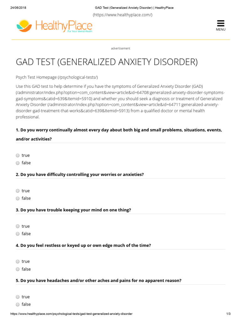 GAD Test (Generalized Anxiety Disorder) - HealthyPlace | PDF ...