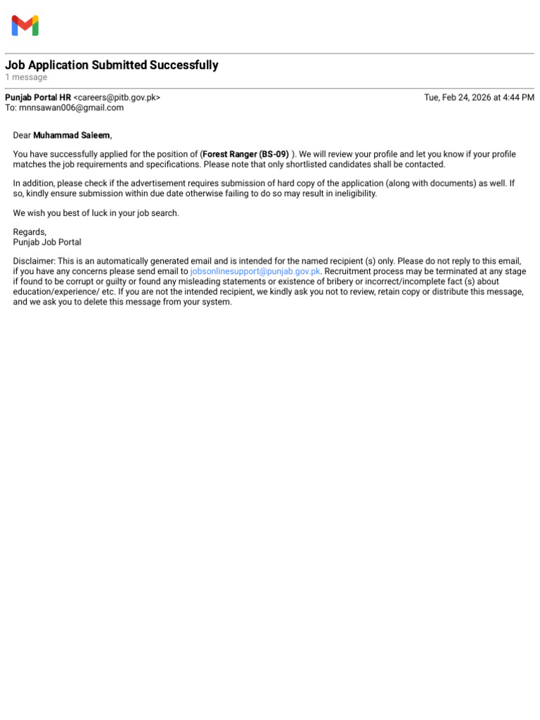 Gmail - Job Application Submitted Successfully | PDF