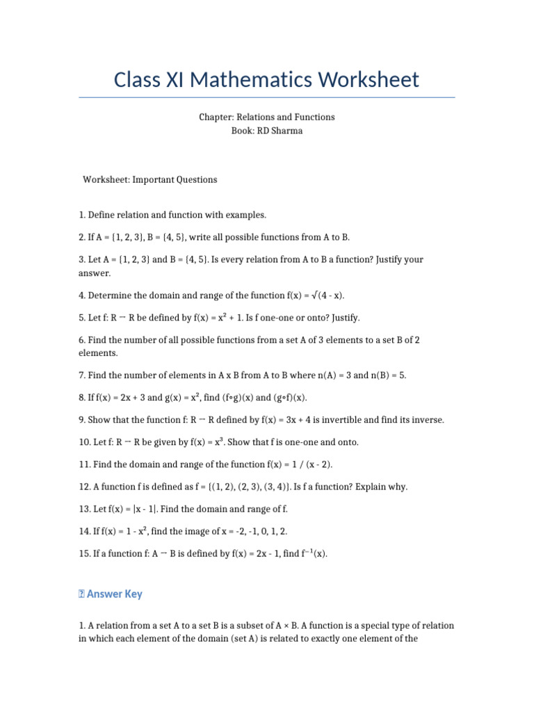 Class XI Maths Relations Functions Worksheet Updated | PDF