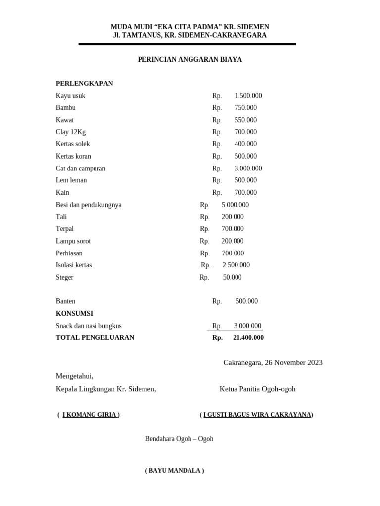 Perincian Anggaran Biaya Ogoh2 | PDF