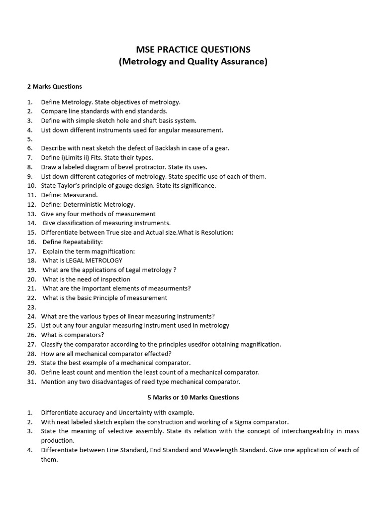 Practice QUESTIONs Metrology MSE1772514900961 | PDF | Engineering ...