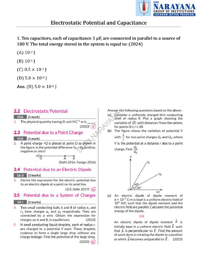 Potential and Capacitance Pyqs Class 12th Neet | PDF