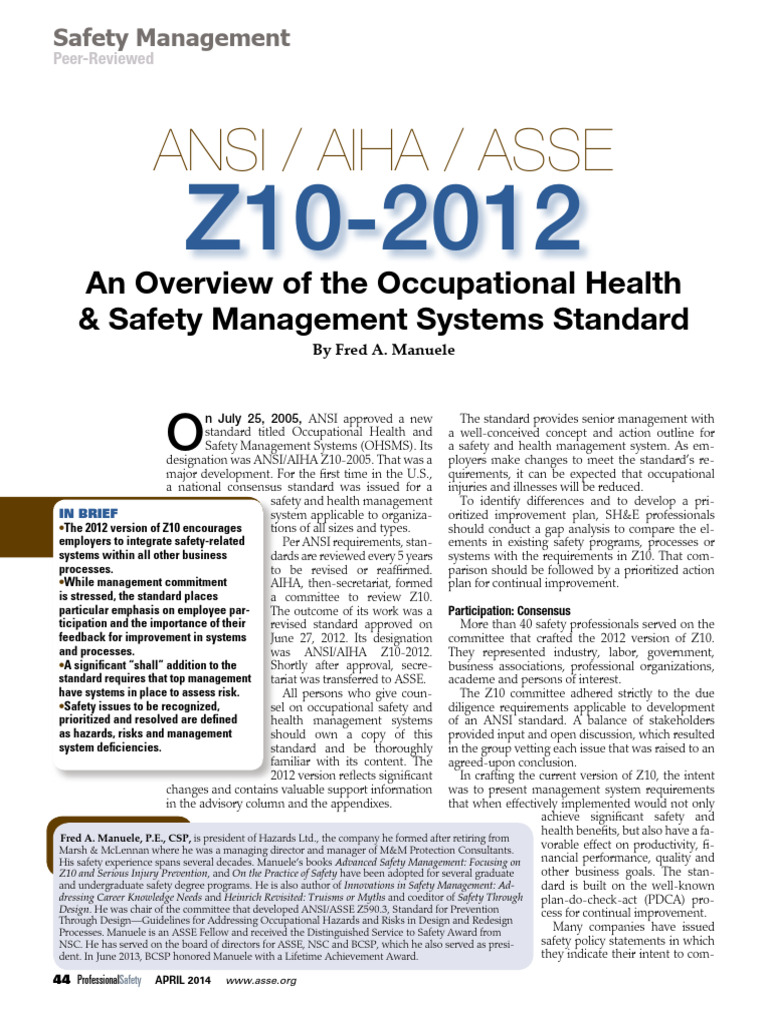 AIHA Z10 An Safety Management Systems Standard | PDF | Safety | Risk ...