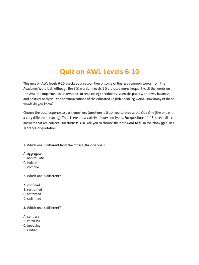 Quiz On Awl Levels 6 10 | PDF
