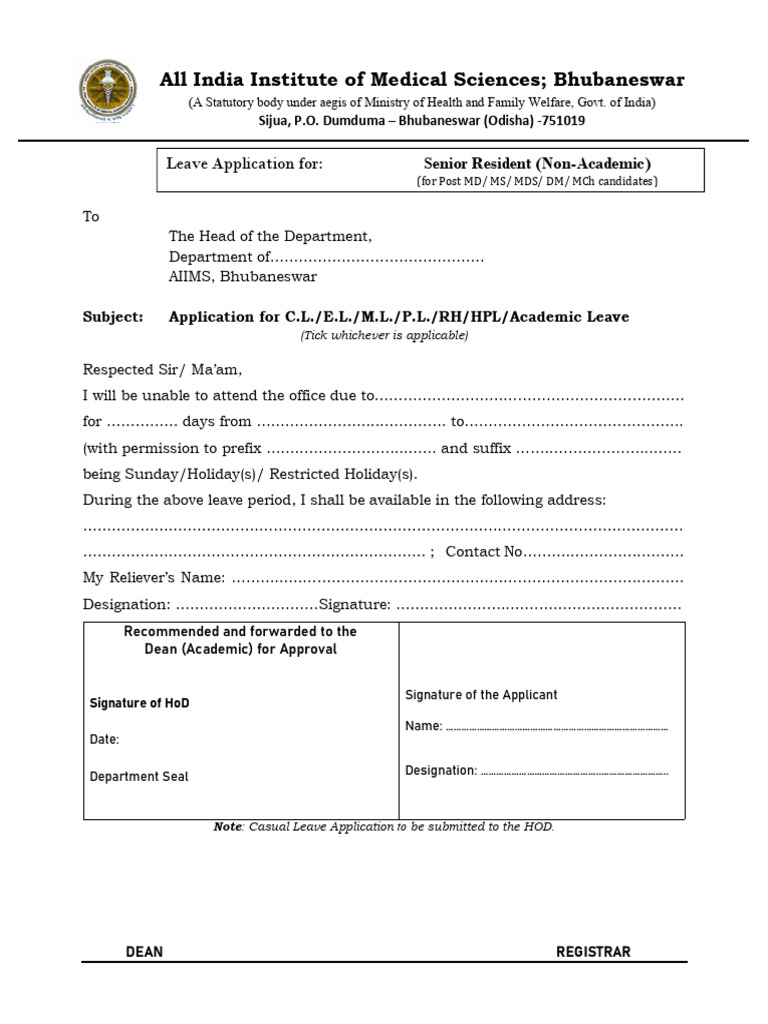 Leave Application FOR SR JR PDF-1 | PDF | Health Care | Medicine