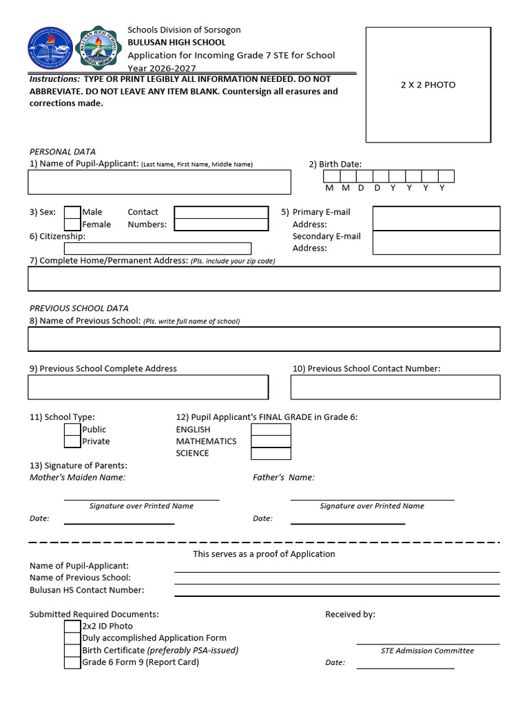 Grade 7 STE Application Form For SY 2026-2027 | PDF