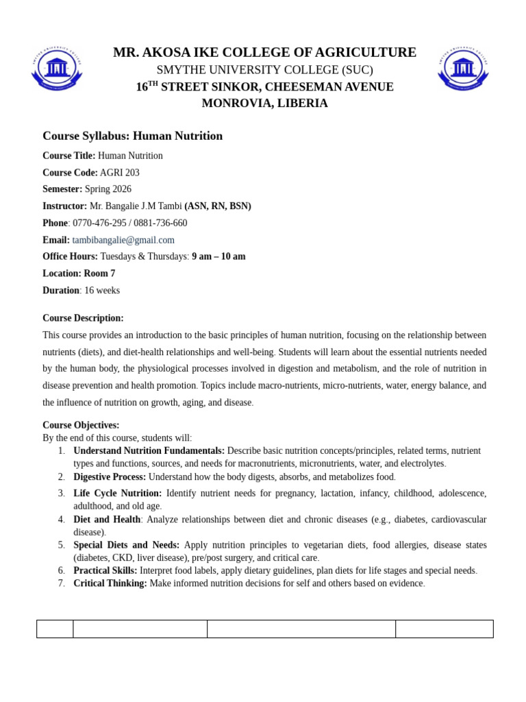 Human Nutrition Course Syllabus | PDF | Nutrients | Nutrition