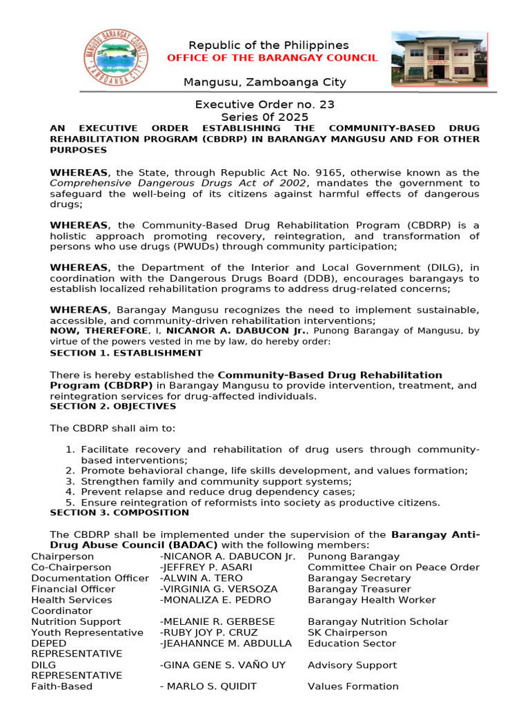 Executive Order No. 23S.2025 CBDRP 1 | PDF | Drug Rehabilitation